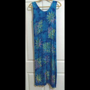 Vintage Sleeveless Tropical Beach Resort Tie Dye Round Neck Midi Maxi Dress